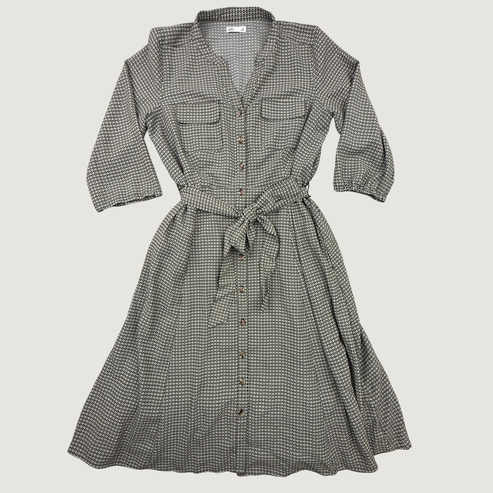 Croft & Barrow Shirt Dress Women XL Black Geometric Belted Button Front Office